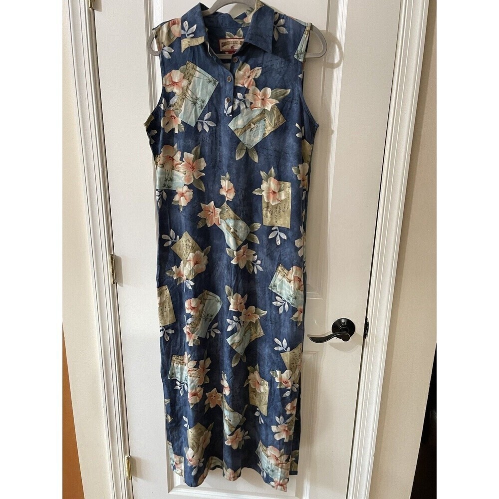 Caribbean Joe Women's Large Floral Postcard Hawaiian Collar Slit Maxi Dress box1